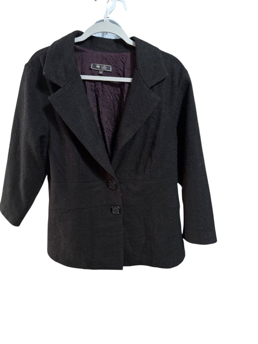 Lily Black Textured Blazer Jacket 1X With Button Front And 3/4 Sleeves